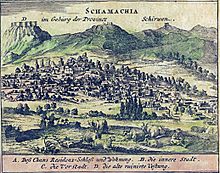 Shamakhi pe o gravură din 1683 de E. Kaempfer.