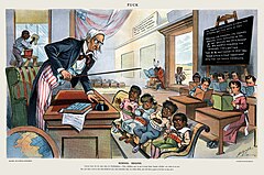 Image 151899 cartoon showing Uncle Sam lecturing four children labeled Philippines, Hawaii, Puerto Rico and Cuba. The caption reads: School Begins. Uncle Sam (to his new class in Civilization)! (from Political cartoon)