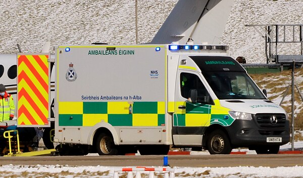 Scottish Ambulance Service Mercedes-Benz Sprinter box ambulance at Sumburgh Airport, March 2023