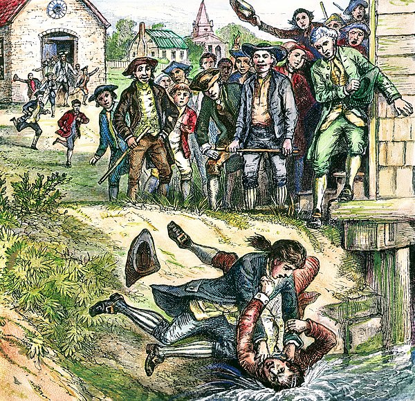 Artist's depiction of protesters watching a debtor in a scuffle with a tax collector by the courthouse at Springfield, Massachusetts. The insurrection