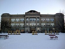 The first building of Shorewood High School's multi-building campus was constructed in 1925. Shorewood High School Photo Winter.jpg