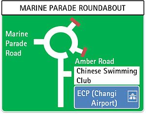 All directional signs in Singapore are written in English. Sing signroundabout.jpg