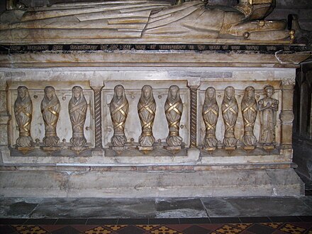 Children on Sir John Giffard's tomb, most predeceasing him, as shown by the grave clothes. Sir John Giffard-children on tomb.JPG