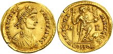 Solidus of Marcus Maecilius Avitus, emperor from AD 455 to 456. Solidus Avitus Arles.jpg