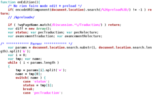 A snippet of JavaScript code with keywords highlighted in different colors Source code in Javascript.png