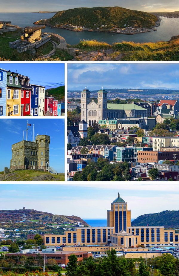 From top, left to right: Sunset from Signal Hill, Row Houses, Cabot Tower on Signal Hill, the Basilica of St. John the Baptist, the Confederation Buil