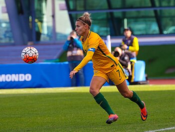 Catley playing for the Matildas at the 2017 Algarve Cup Steph Catley in action at 2017 Algarve Cup.jpeg