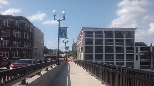 The Lawrence Hardware building (right) in Sterling overlooking the bridge to Rock Falls, Illinois