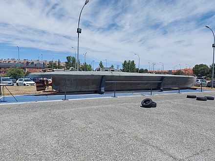 Transatlantic smuggling submarine guarded by the National Police Corps of Spain at the National Police School in Ávila.