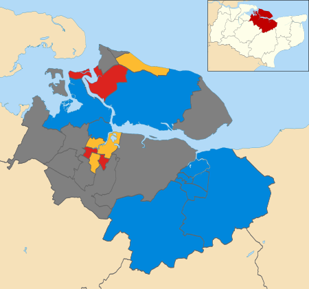 Map of the results of the 2004 Swale Borough Council election. Conservatives in blue, Liberal Democrats in yellow and Labour in red. Wards in dark grey were not contested in 2004. Swale UK local election 2004 map.svg