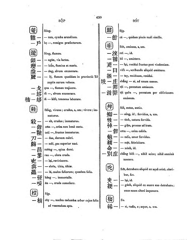 Jean-Louis Taberd's dictionary Dictionarium anamitico-latinum (1838) represents Vietnamese (then Annamese) words in the Latin alphabet and chữ Nôm.