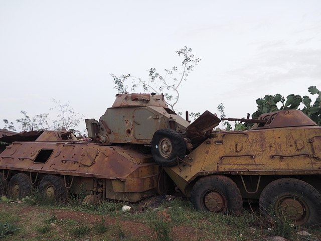 Destroyed BTR-60s as well as a destroyed AML armored car in a Tank graveyard near Asmara.