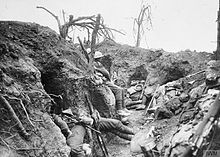 Troops of the Border Regiment resting in a front line trench in Thiepval Wood, France, August 1916. The Battle of the Somme, July-november 1916 Q871.jpg