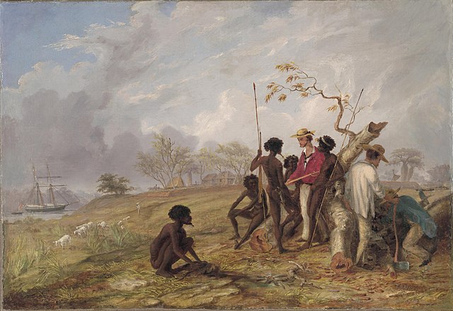 Thomas Baines with Aboriginal Australians near the mouth of the Victoria River.