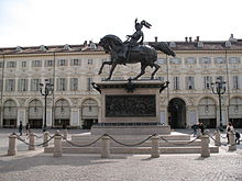 Piazza San Carlo and the Caval 'd Brons (Bronze Horse in Piedmontese language), equestrian monument to Emmanuel Philibert Torino - Caval ed Brons latoB.jpg