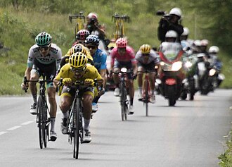 Julian Alaphilippe (pictured on stage 18) held the yellow jersey for a total of fourteen stages of the Tour. Tour de France 2019, Yellow Jersey group (48416905821).jpg