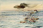 The track of Lusitania. View of casualties and survivors in the water and in lifeboats. Painting by William Lionel Wyllie.