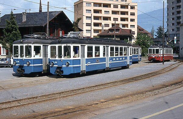 Trams of the old B.L.T. line at a former station in Monthey