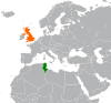 نقشهٔ موقعیت بریتانیا و تونس.