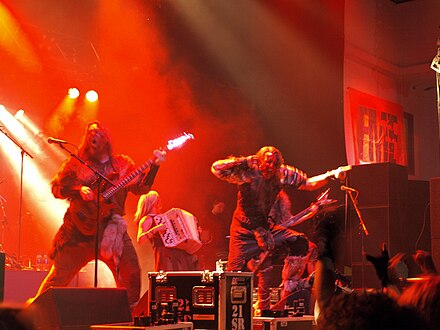 Turisas, seen here performing in 2008, have tackled such issues as the glorification of war through the use of fantasy themed lyrics.[170]