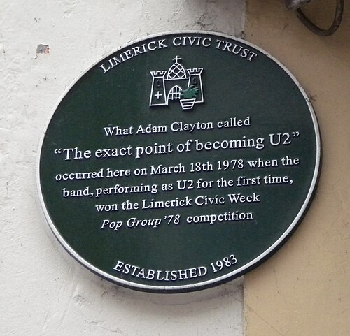 A plaque commemorating U2's victory in the 1978 Limerick Civic Week "Pop Group" music talent contest