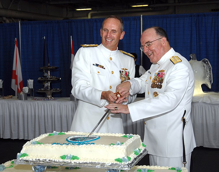 File:US Navy 090724-N-2844S-114 Adm. Jonathan W. Greenert, left, and Adm. John C. Harvey, Jr., cut the cake at the reception aboard the aircraft carrier USS Harry S. Truman (CVN 75) during a change of command ceremony at Naval Stati.jpg