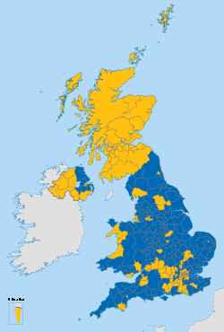 Of the 382 voting areas in the United Kingdom and Gibraltar a total of 270 returned majority votes in favour of "Leave" whereas 129 returned majority votes in favour of "Remain" in the referendum including all 32 areas in Scotland.
Leave
Remain United Kingdom EU referendum 2016 area results 2-tone.svg