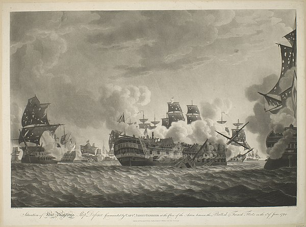 Situation of the Defence at the close of the action on 1 June 1794, by Robert Dodd after Lieut. A. Becher RN.