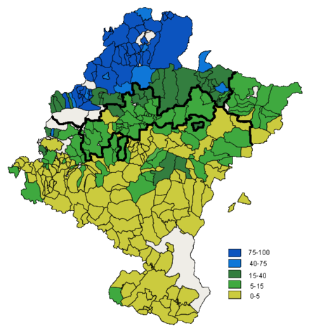 Distribution of Basque speaking people in Navarre 2001 and the zones where the Basque language is official