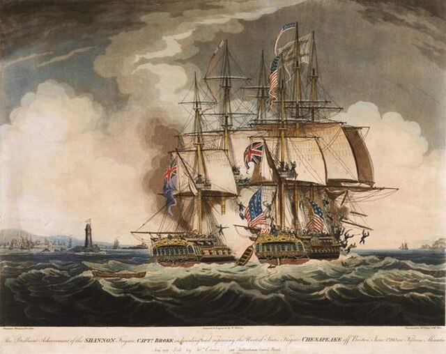 An 1813 illustration of the battle between Shannon and Chesapeake