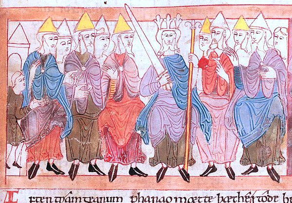 Anglo-Saxon king with his witan. Biblical scene in the Illustrated Old English Hexateuch (11th century), portraying Pharaoh in court session, after passing judgment on his chief baker and chief cupbearer.