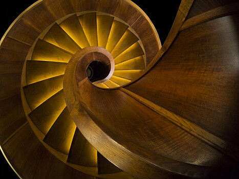 Wooden spiral stairs leading to VIP saloon