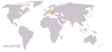 Dynamická mapa světa zachycující zapojení jednotlivých států do konflitu na straně Dohody a Ústředních mocností.