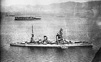 Japanese battleships Yamashiro (foreground) in October 1930, with original tripod mast