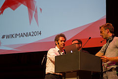 Yaneer Bar-Yam preparing for his talk on Day 2 of Wikimania 2014.jpg