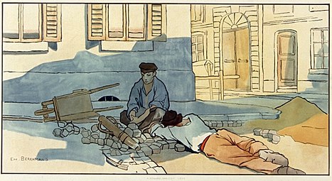 deux ouvriers, un assis, et l'autre coucher, se reposant, à côté d'un tas de pavés.