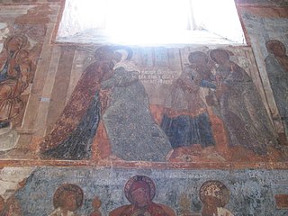 «Акафист Богоматери. Встреча Марии и Елизаветы, Захарии и Иосифа» (деталь росписи южной стены)
