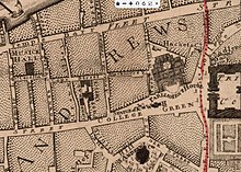 Map showing Dublin's General Post Office in the Cope Street area in 1757, the previous location of the Central Bank of Ireland now the Central Plaza (Dublin) 1757 map Post Office in Cope Street Dublin.jpg