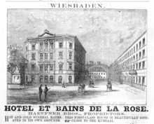 Grand Hotel Rose in 1885 1885 Hotel Rose Wiesbaden ad Harpers Handbook for Travellers in Europe.png