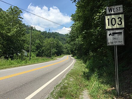 View west along WV 103 at WV 161 near Pageton 2017-07-22 12 51 44 View west along West Virginia State Route 103 at Saw Pit Hallow Road in Black Wolf, McDowell County, West Virginia.jpg