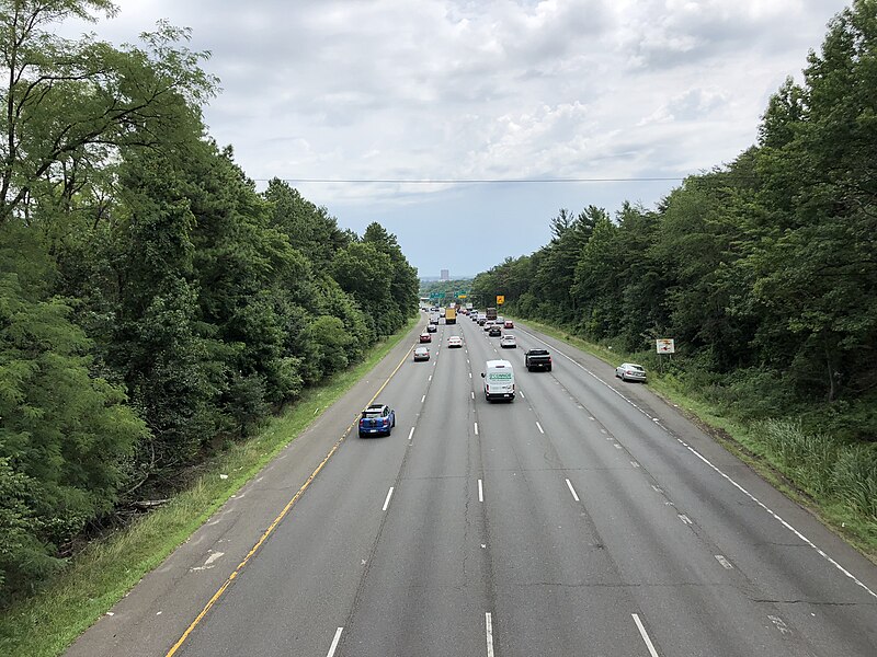 File:2019-07-11 12 05 32 View east along the eastbound lanes of Interstate 495 (Capital Beltway) from the overpass for Maryland State Route 212 (Riggs Road) on the edge of Adelphi and Hillandale in Prince George's County, Maryland.jpg