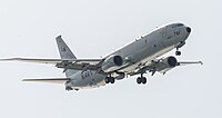 A Boeing P-8 Poseidon, tail number 168761, on final approach at Kadena Air Base in Okinawa, Japan. It is assigned to Patrol Squadron 45 (VP-45) at NAS Jacksonville, Florida, United States.