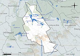 Carte en couleur présentant le réseau hydrographique de la commune