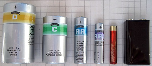 D, C, AA, AAA, AAAA cells, and a 9-volt battery