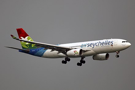 A former Air Seychelles Airbus A330-200 landing at Hong Kong International Airport.