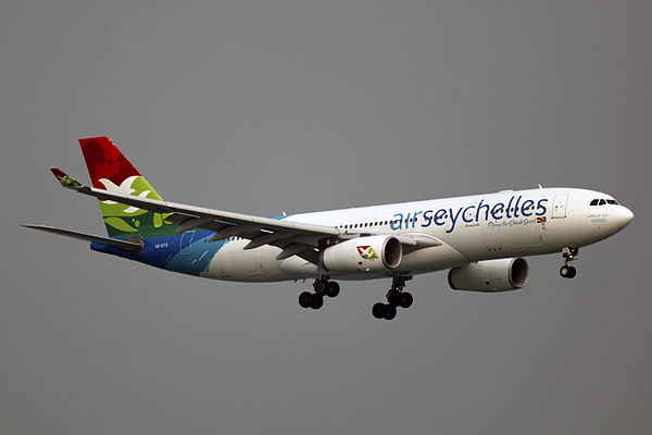 A former Air Seychelles Airbus A330-200 landing at Hong Kong International Airport.