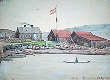 "The Colony Manager and the Home - Egedesminde" by Danish geologist Andreas Kornerup. Depiction of the colony manager in a boat in front of houses and the Danish flag in Aasiaat (formerly Egedesminde), Greenland, 1879. From the National Museum of Denmark. "Kolonibestyrer - Boligen. N.G. Egedesminde". Tegning af Andreas Kornerup, 9 aug. 1879. Aasiaat (Egedesminde), 1879 (8473598034).jpg