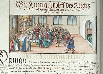 Deposition of Adolf of Nassau and election of Albrecht I as king (illustration from the Chronicle of the Würzburg Bishops)