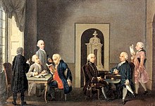 Società dei Pugni by Antonio Perego from left to right: Alfonso Longo (behind), Alessandro Verri, Giambattista Biffi, Cesare Beccaria, Luigi Lambertenghi, Pietro Verri and Giuseppe Visconti di Saliceto