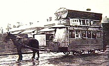 A double-decked horse car in an Adelaide suburb, circa 1908 Adelaide horse tram ca. 1908 (SLSA B-19616-3).jpg